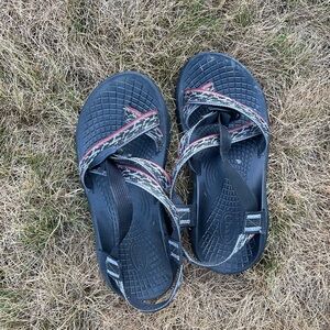 Chaco Black and Gray Sandals with Red Accents
